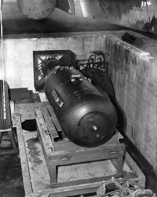 Little Boy ready to be loaded into the Enola Gay.