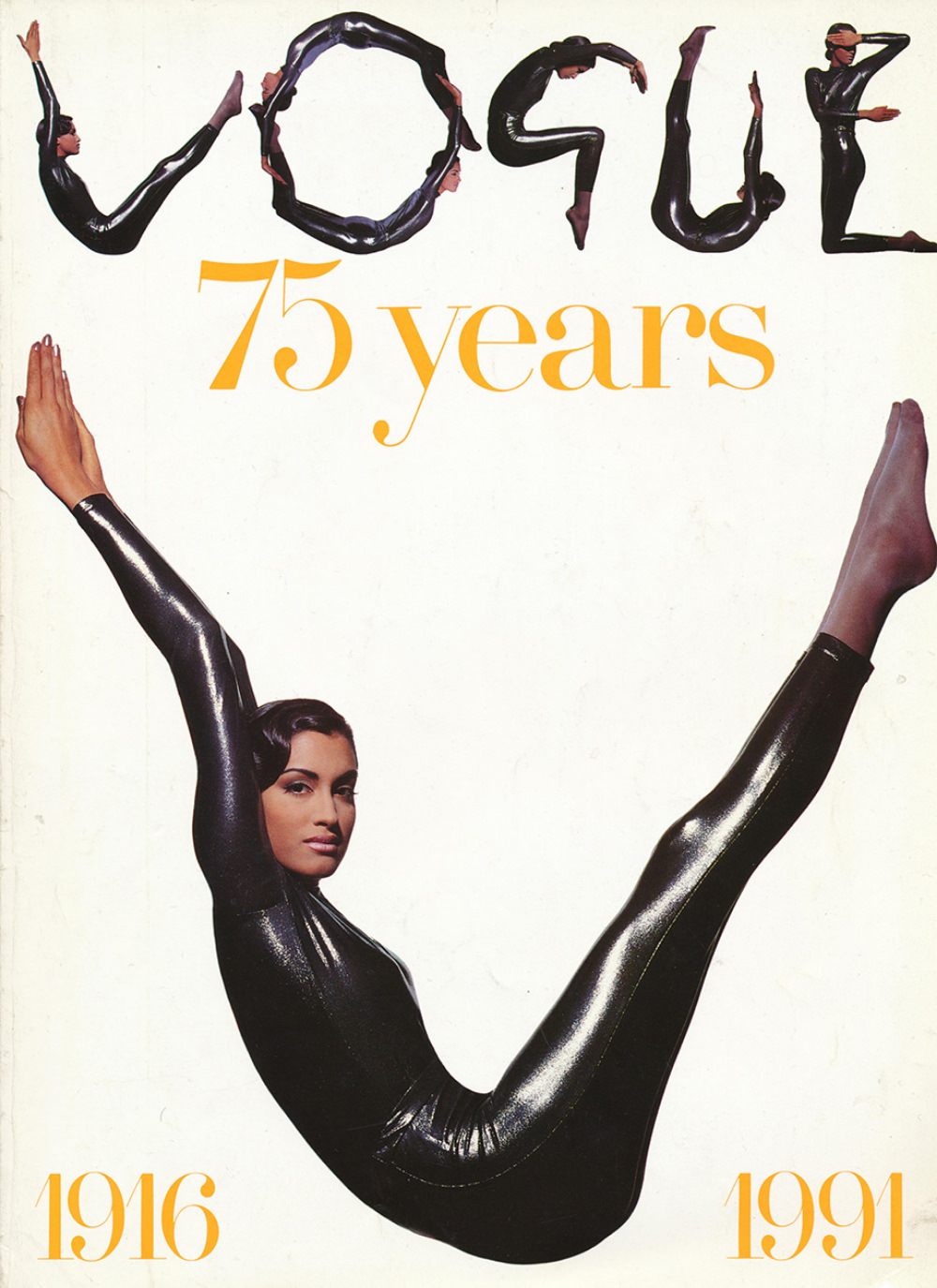 Model Yasmeen Ghauri is dressed in a metallic bodysuit by Karl Lagerfeld. Photographed by Tyen for British Vogue’s Special Edition 75th Anniversary issue in June, 1991.