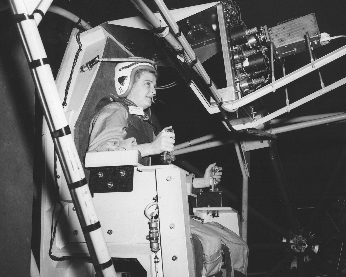 Jerrie Cobb Testing Gimbal Rig in Altitude Wind Tunnel, 1950s