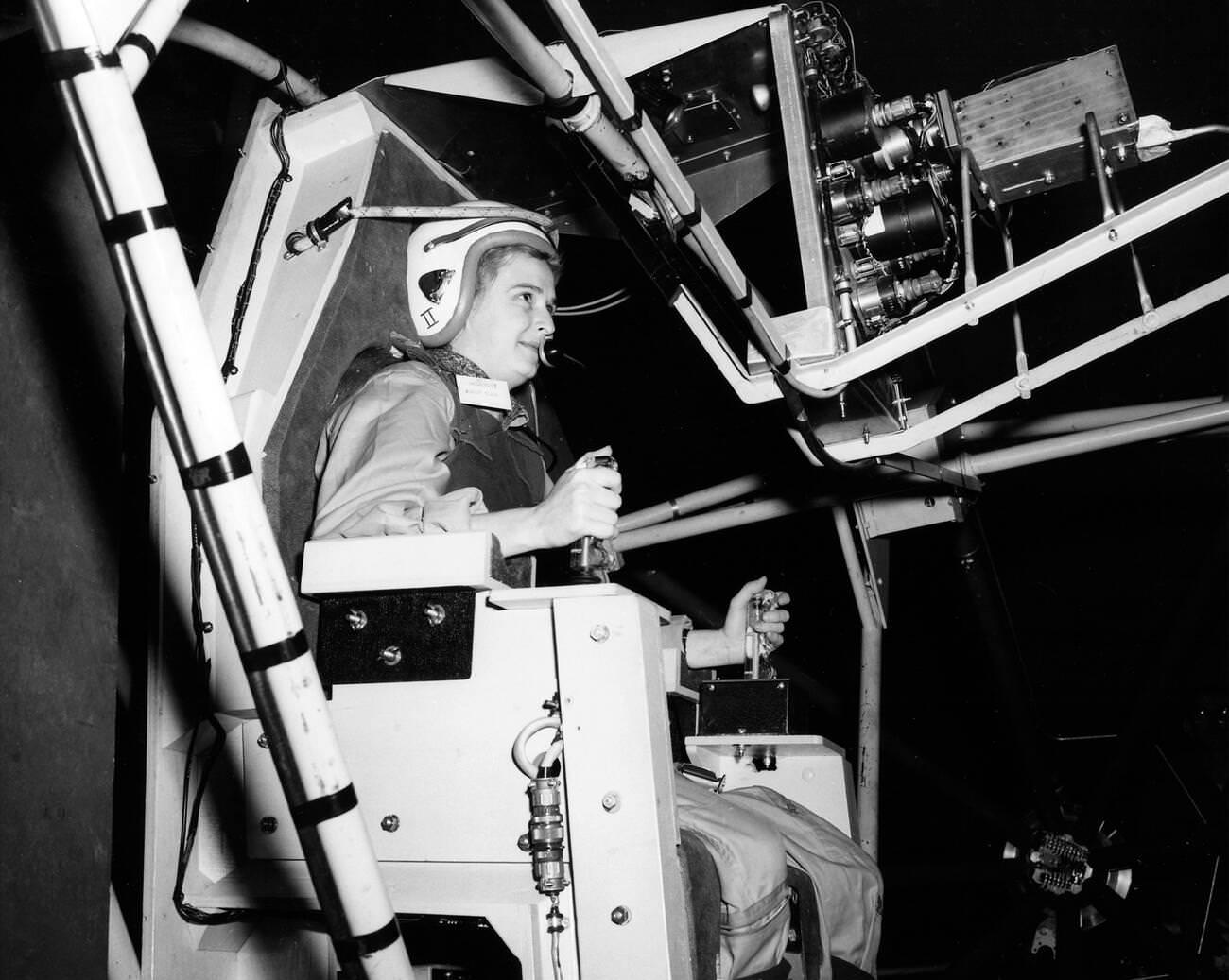 Jerrie Cobb Testing Gimbal Rig in Altitude Wind Tunnel, April 1960