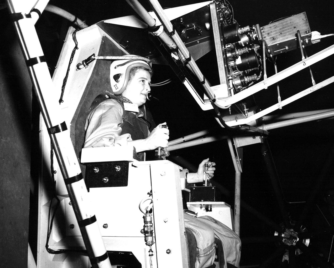 Jerrie Cobb Testing Gimbal Rig in Altitude Wind Tunnel, 1960