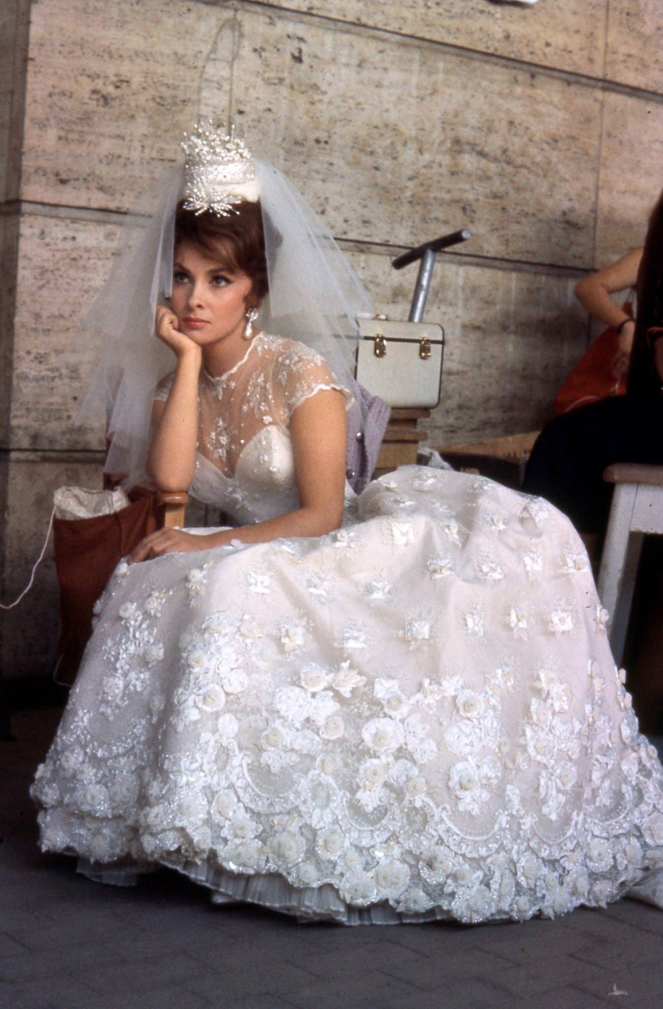 Gina Lollobrigida as a bride for "Come September" in Rome, Italy, 1960.