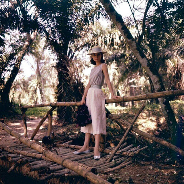 Audrey Hepburn and Mr. Famous on a wooden bridge in the Belgian Congo for "The Nun's Story", 1958
