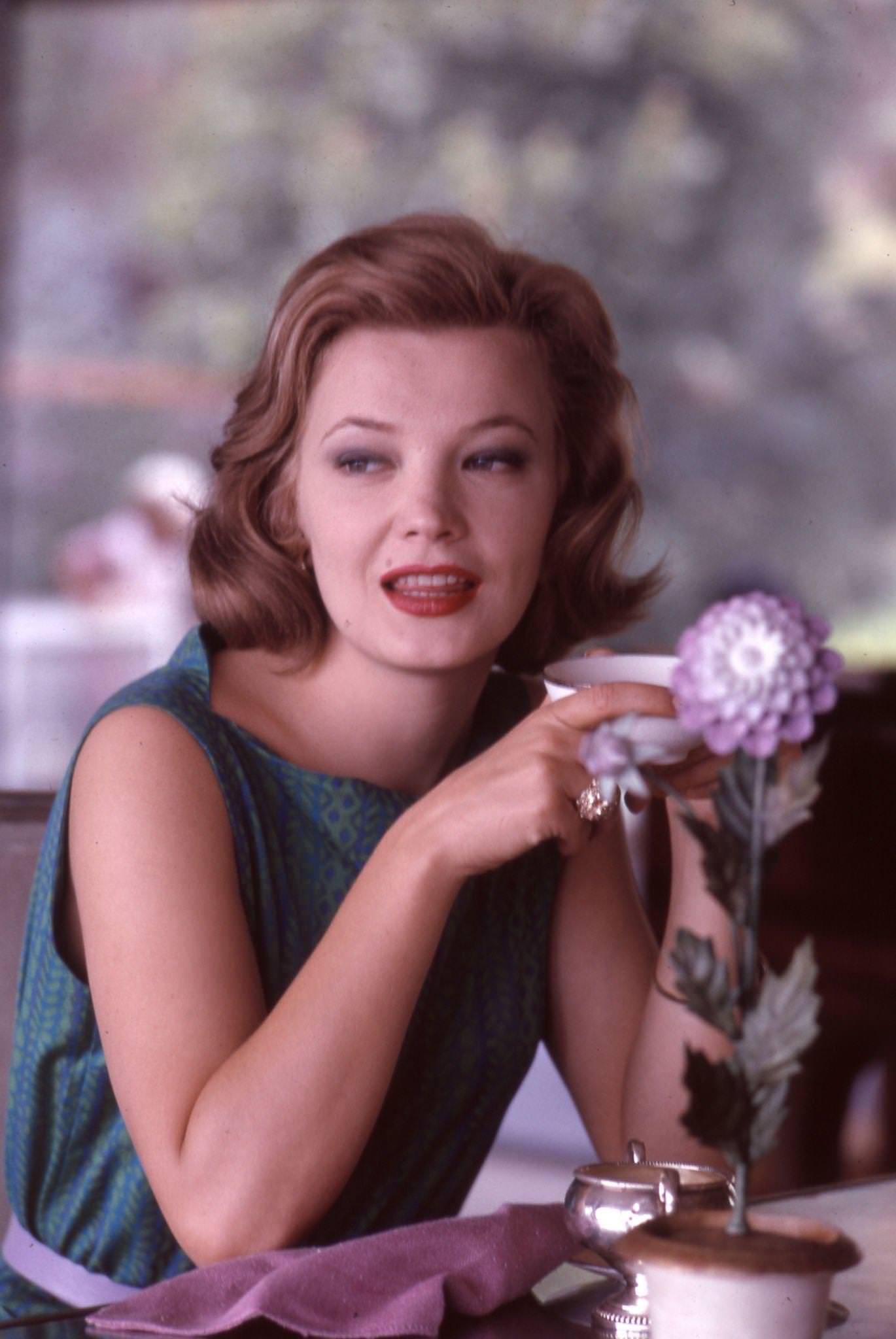 Gena Rowlands with Tea at the Set of "The Spiral Road," Los Angeles, 1961