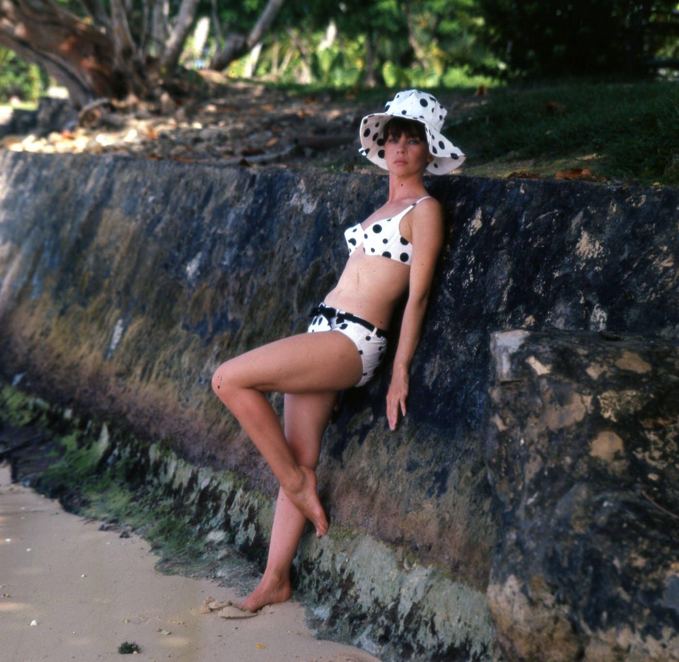 Actress Leslie Caron in a polka dot bikini and hat, filming "Father Goose," Ocho Rios, St. Ann, Jamaica, 1963