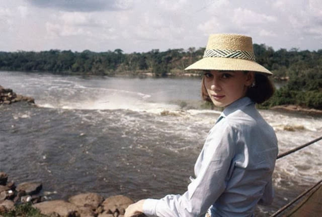 Audrey Hepburn overlooking the river during filming of "The Nun's Story" on location in the Belgian Congo, 1958