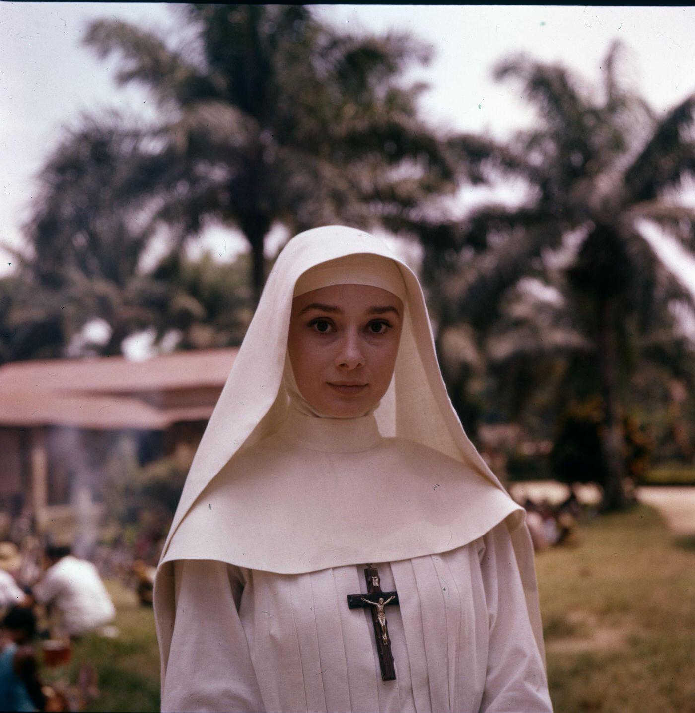 Actress Audrey Hepburn on the set of "The Nun's Story" in the Republic of Congo, 1958.