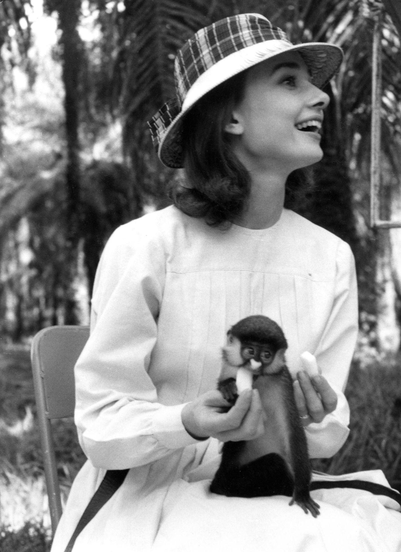 Actress Audrey Hepburn laughs while feeding a monkey on her lap in Kisangani, Congo, 1958.