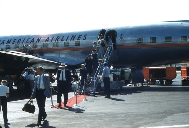 Passengers Disembark American Airlines Flight, Circa 1950s