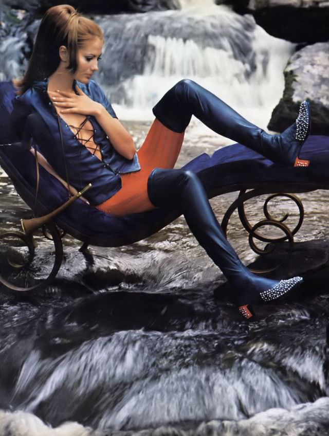 Maud Adams in Navy Du Pont Nylon Thigh-Boots Studded with Navajo Silver by Herbert Levine, Norman Parkinson Photo, Vogue, August 1968