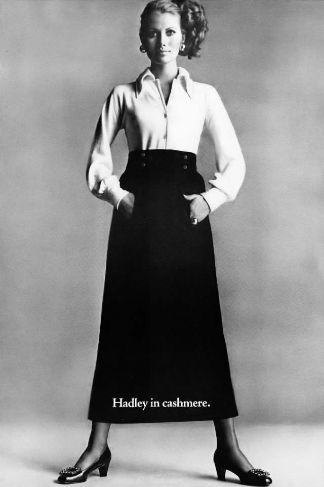 Maud Adams in Cashmere Skirt and Shirt by Hadley, Harper's Bazaar, September 1968