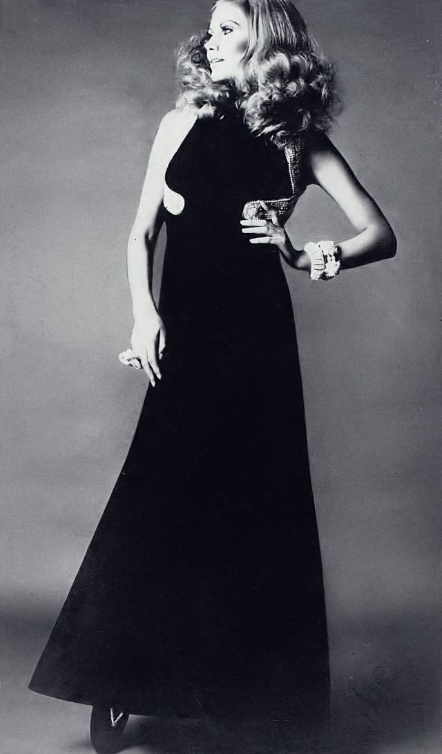 Maud Adams in Black Velvet Long Dress with Scimitars of Pearls and Rhinestones by Travilla, Chris von Wangenheim Photo, Harper's Bazaar, October 1968