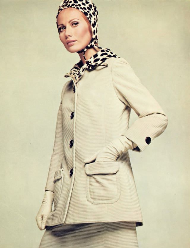 Maud Adams in David Kidd's Wide-Wale Cotton Corduroy Suit, Harper's Bazaar, August 1967