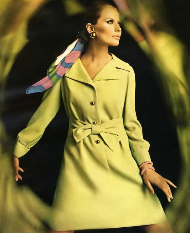 Maud Adams in Fortrel Crêpe Shirtdress with Self-Sash and Glitzy Buttons by Miss Couture, Vogue, January 1968