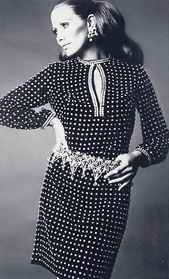 Maud Adams in Black Crêpe Shirtdress Pavéed in Diamante by Lisa Meril, Chris von Wangenheim Photo, Harper's Bazaar, October 1968