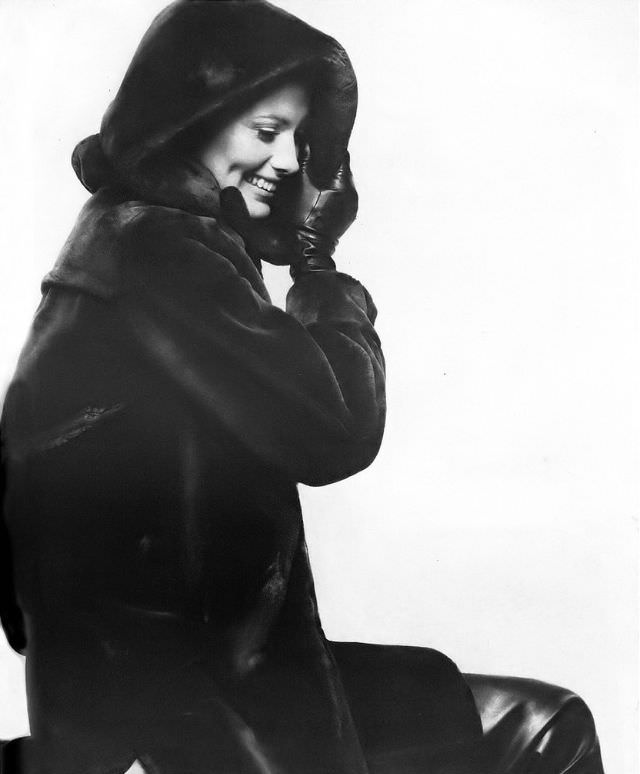 Maud Adams in Hooded Sheared Alaska Seal Fur Coat, Gianni Penati Photo, Vogue, 1969