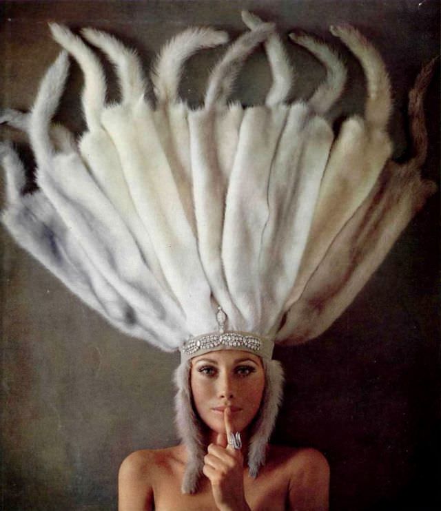 Maud Adams in EMBA Mink Advertisement, Harry Winston Jewelry, Virginia Thoren Photo, 1969