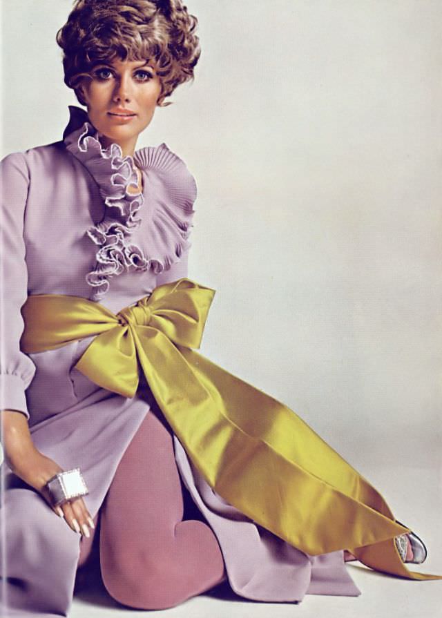 Maud Adams in Lavender Evening Shirt and Chartreuse Satin Sash by Andrew Woods, Harper's Bazaar, December 1967