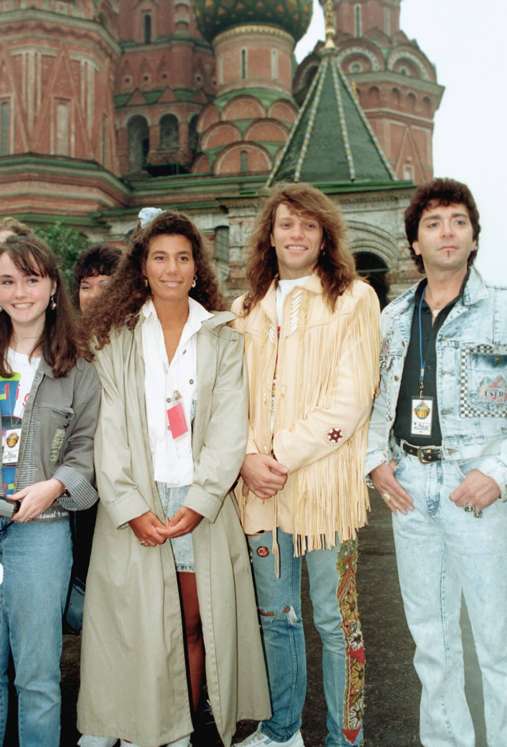 Jon Bon Jovi and other members of the Moscow Music Peace Festival touring party pose at Red Square in front of Saint Basil’s Cathedral in Moscow.