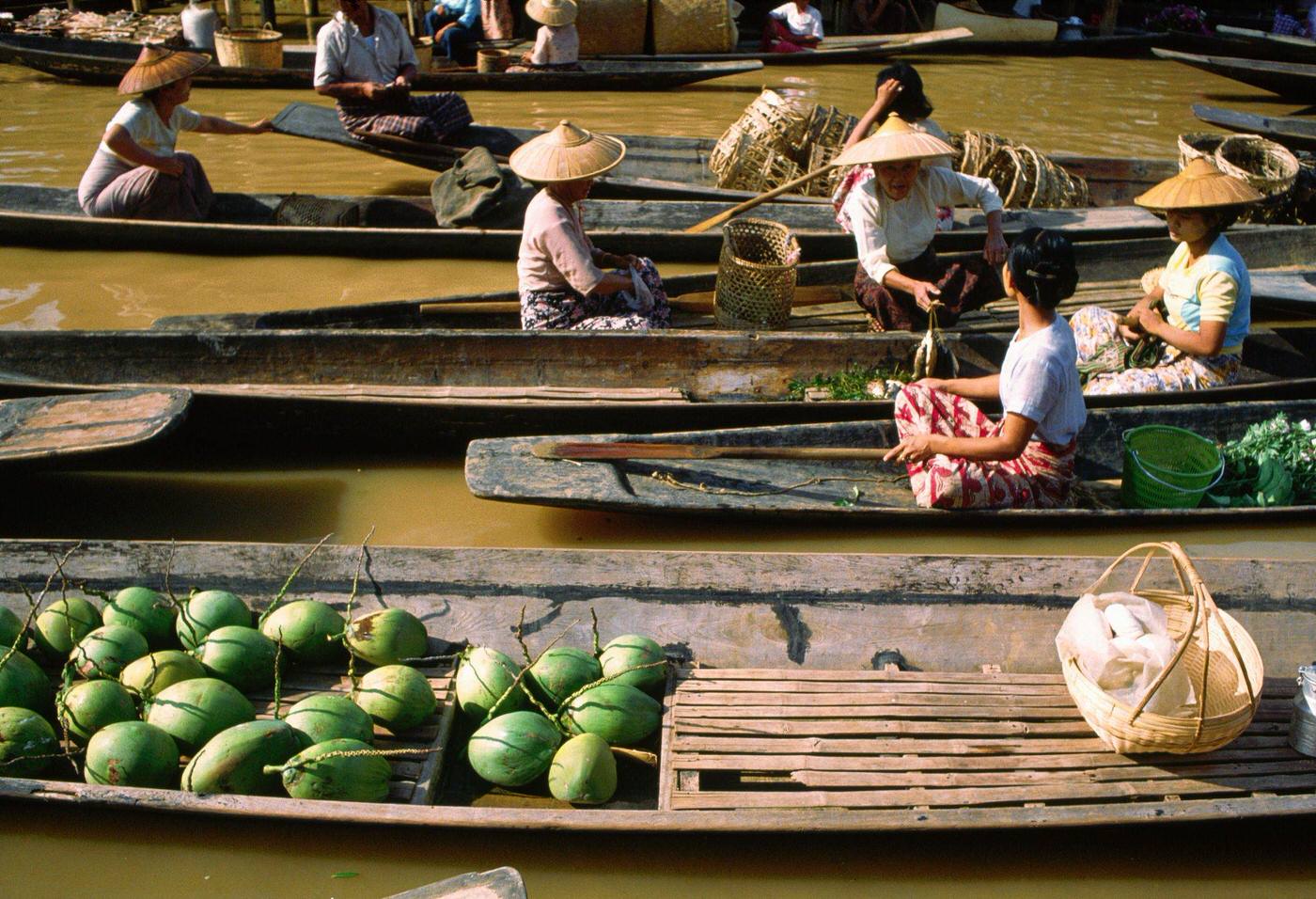 Wooden Canoe-Like Boats Laden with Baskets at Lake Inle Floating Market, Burma