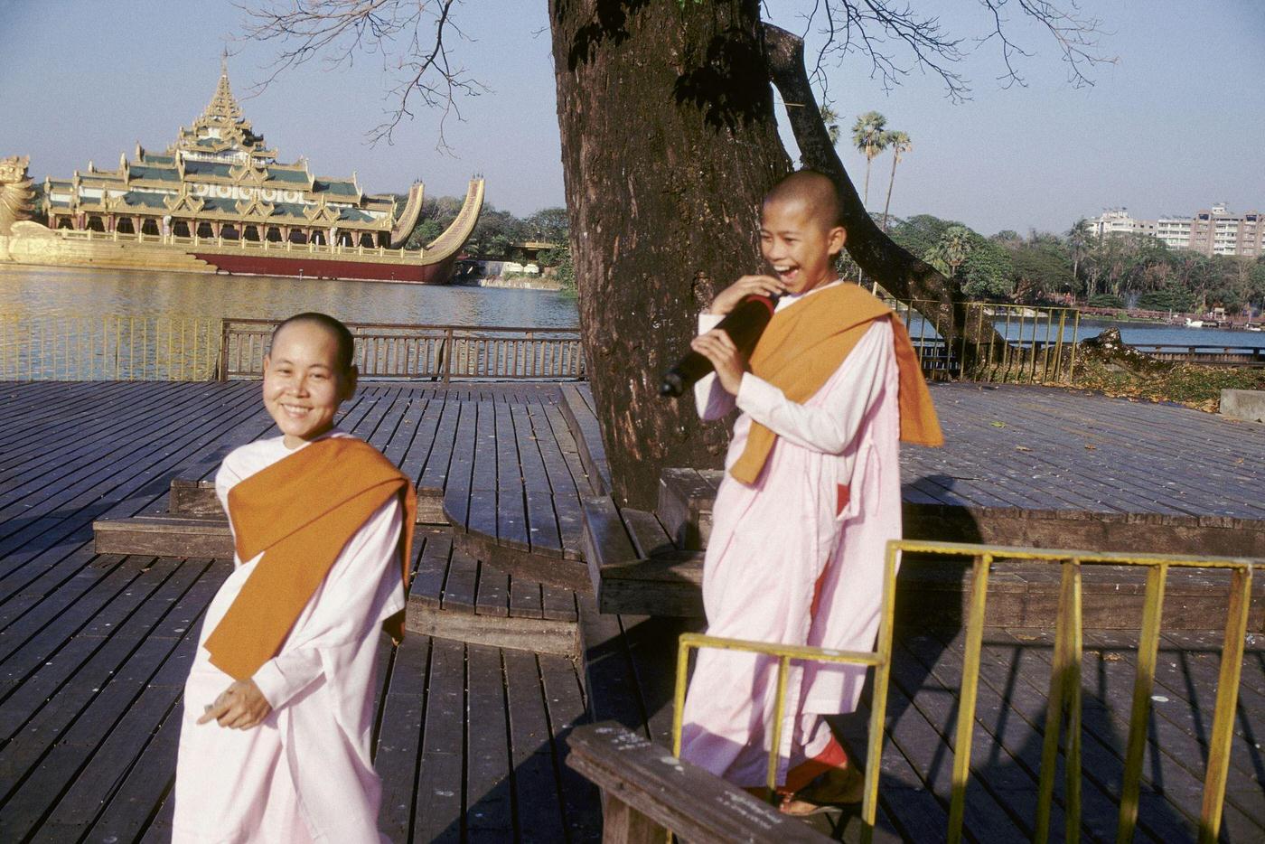Yangon, Myanmar - Two Young Buddhist Nuns Near Kandawgy Lake, 1980s