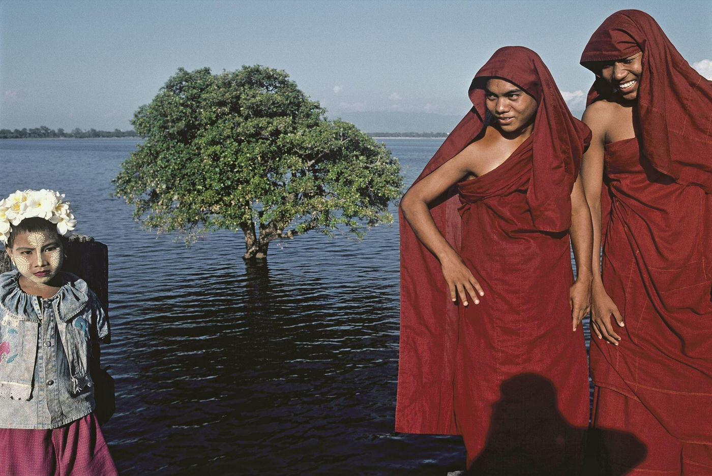 Monks in Bagan, Myanmar - Two Monks and a Little Girl on U Bein's Bridge, 1980s