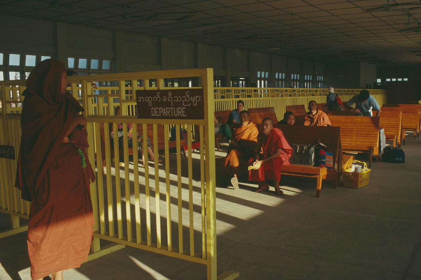 Buddhist Monks in Departure Lounge of Nyaung U Airport Near Bagan, Burma, 1988