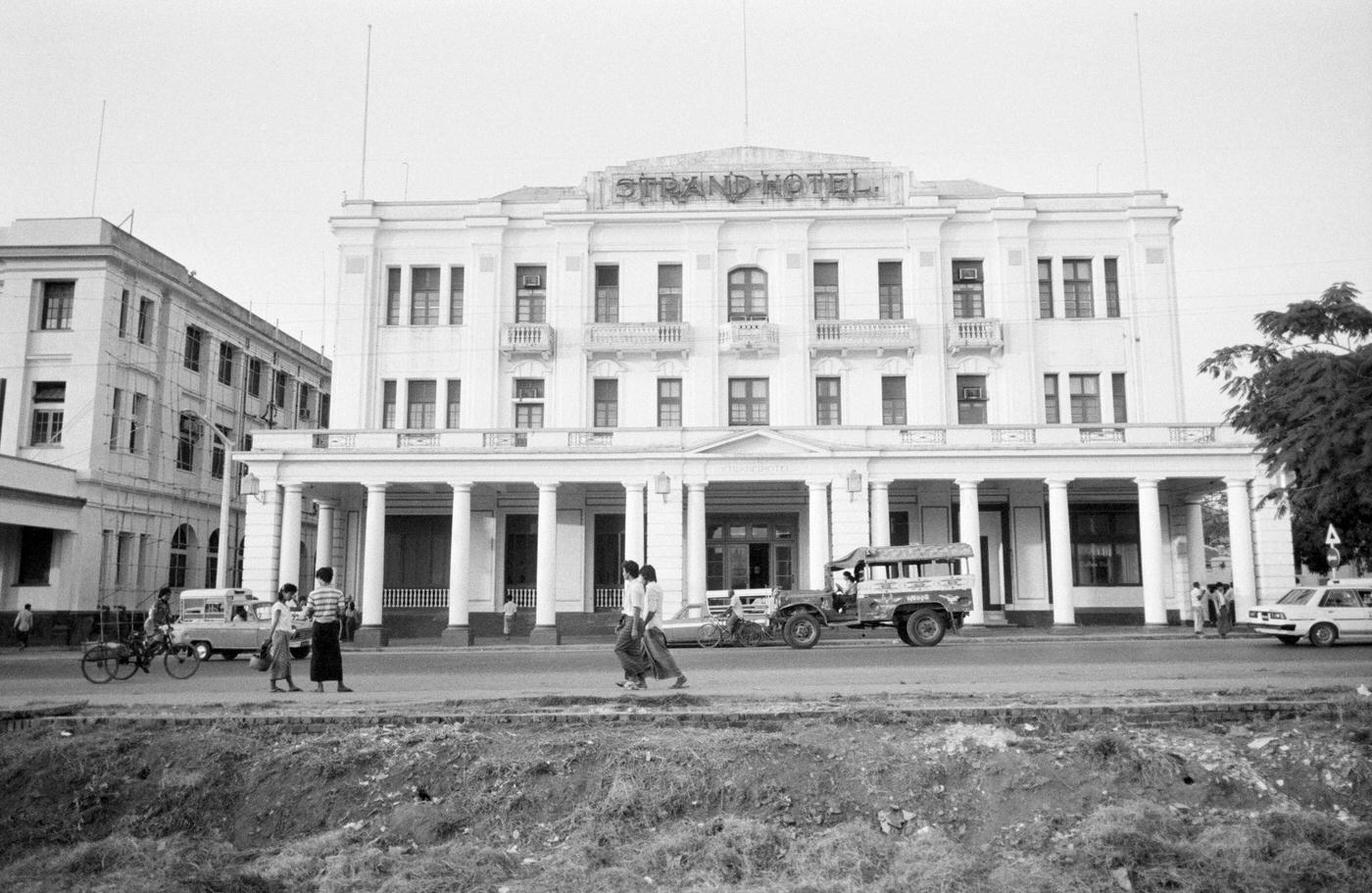 Victorian-style facade of the Strand Hotel in Rangoon, Burma, 1988.