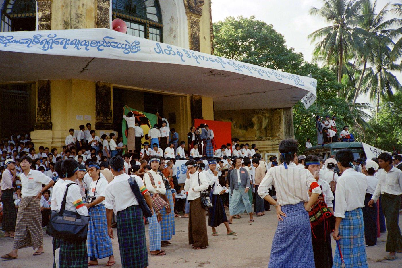 Anti-government protestors march in Rangoon demanding multi-party rule during the 8888 Uprising, 1988.