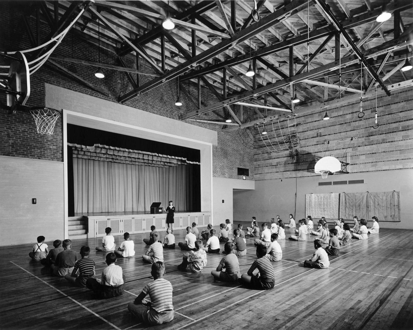 Class in the Gym of Oak Ridge Grade School, Tennessee, 1944.