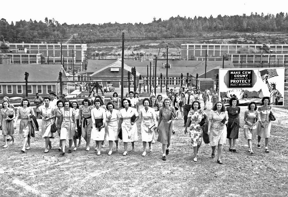 Shift change at Y-12 uranium enrichment facility, Oak Ridge, 1940s