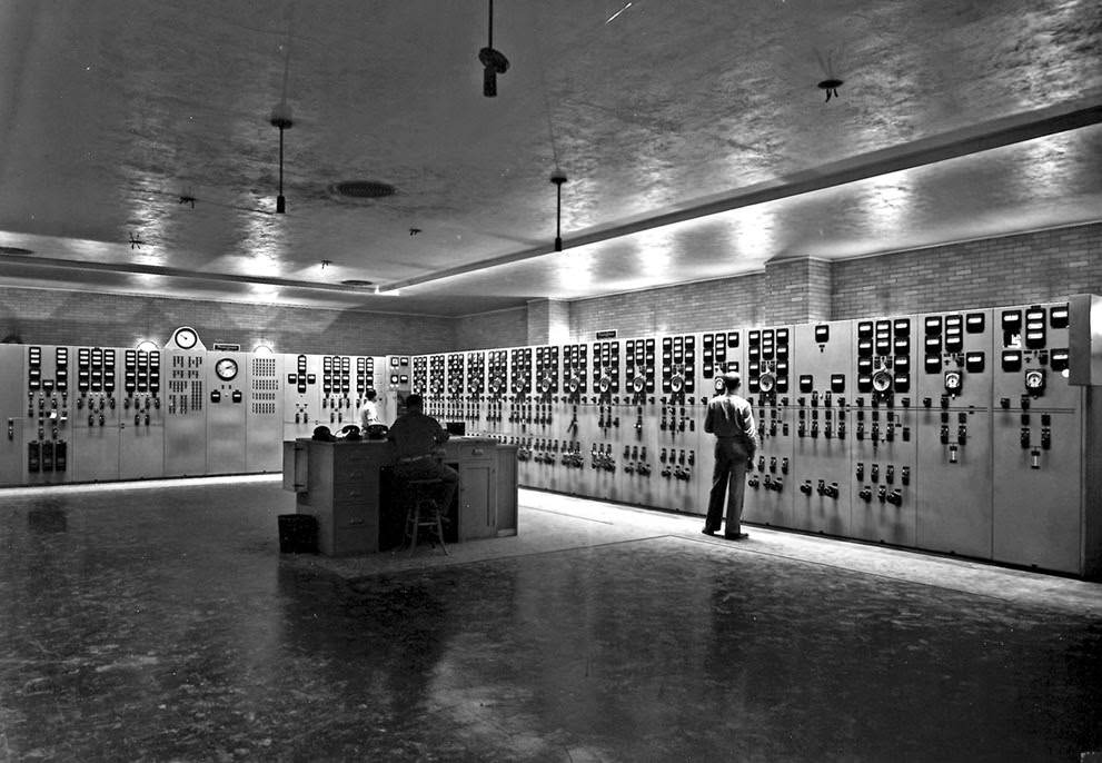 Main control room at K-25 uranium enrichment plant, Oak Ridge, 1940s
