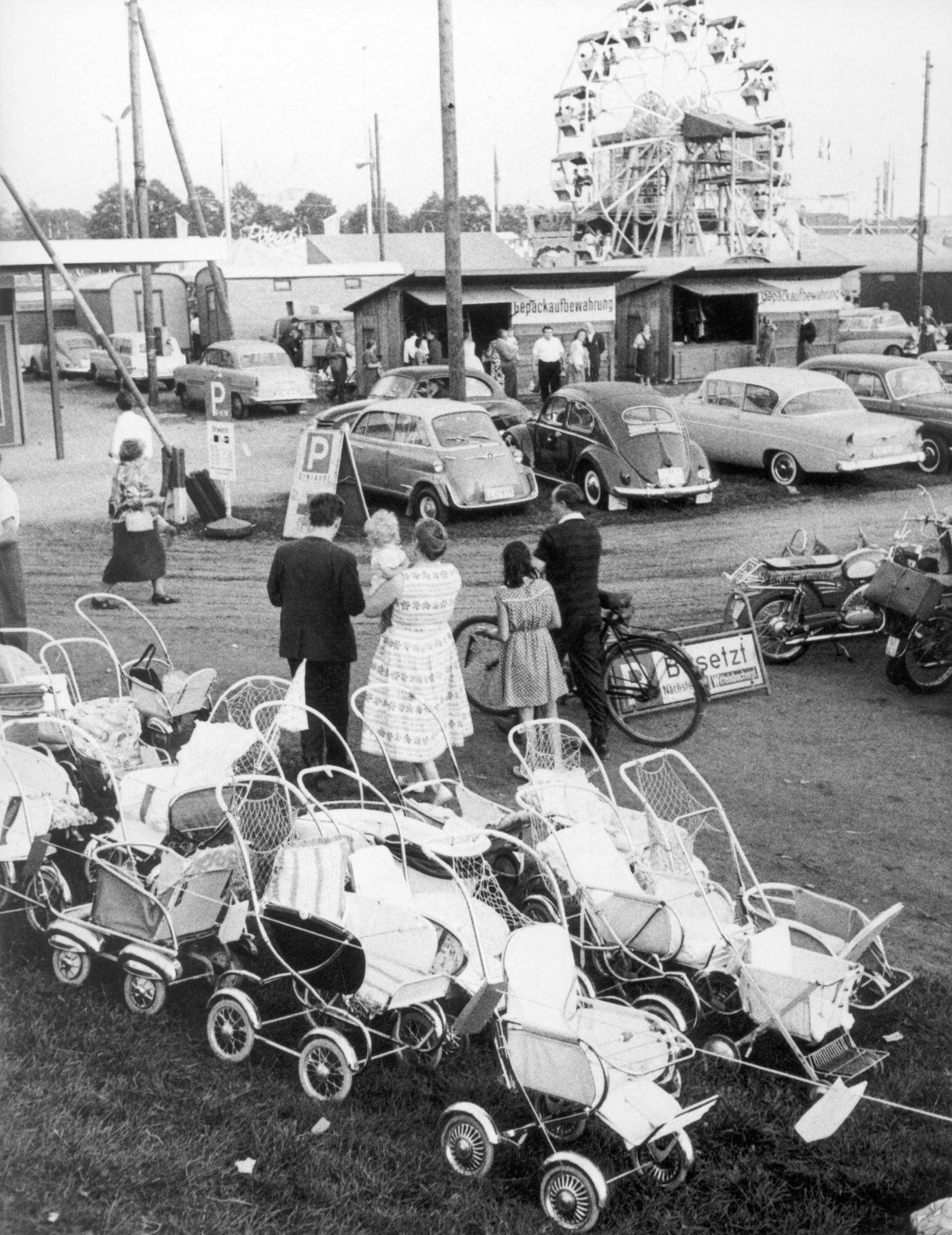 Parking facilities for baby carriages at Oktoberfest, 1961.