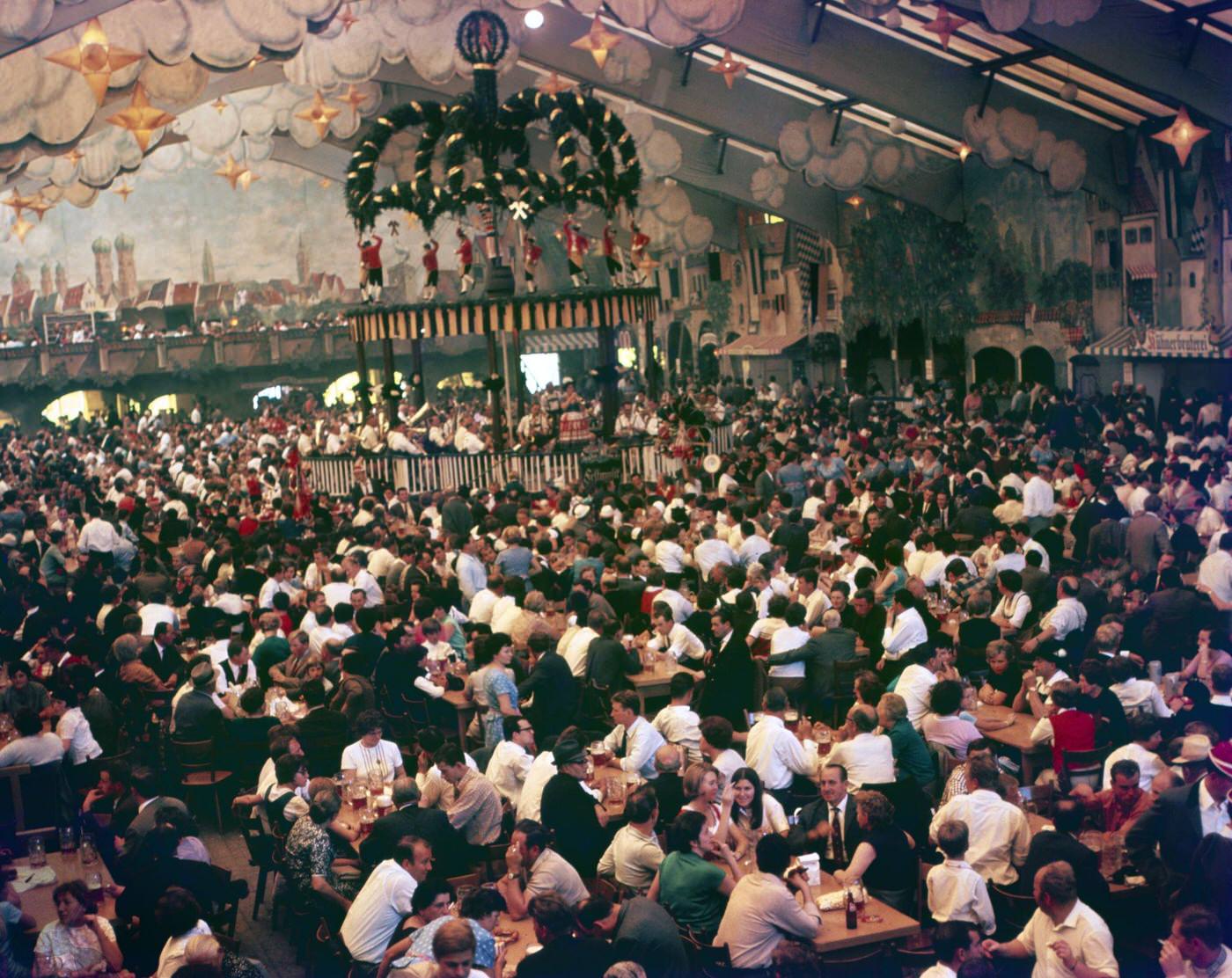 Hackerbräu-Festzelt view at Oktoberfest Munich, 1962.