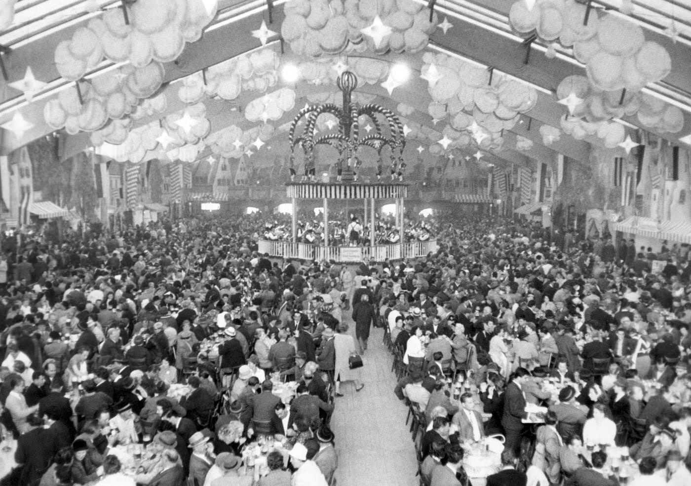 Hackerbräu marquee view at Oktoberfest Munich, 1962.