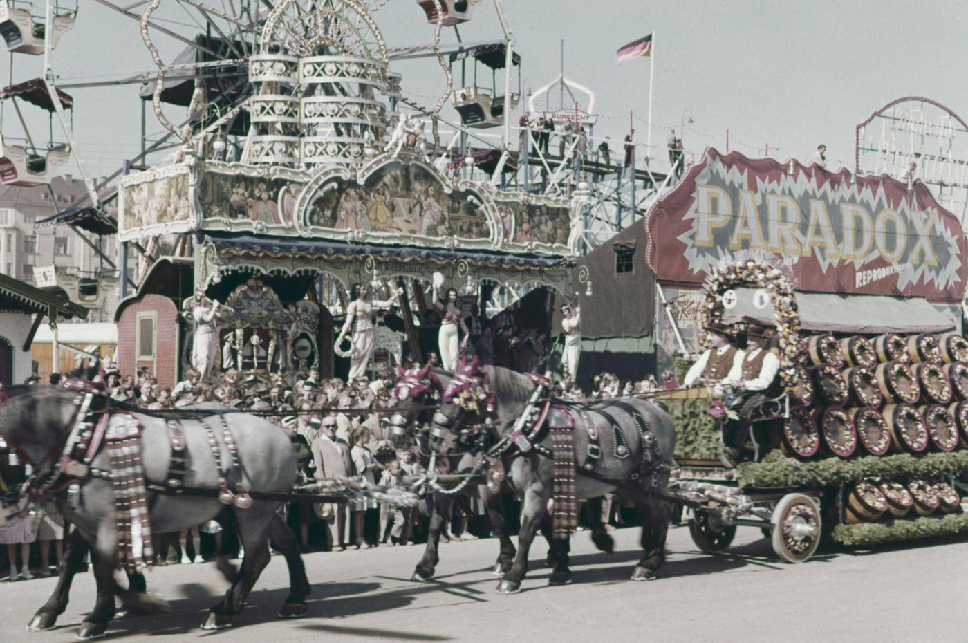 Horse-drawn beer cart at Munich Oktoberfest, 1965.