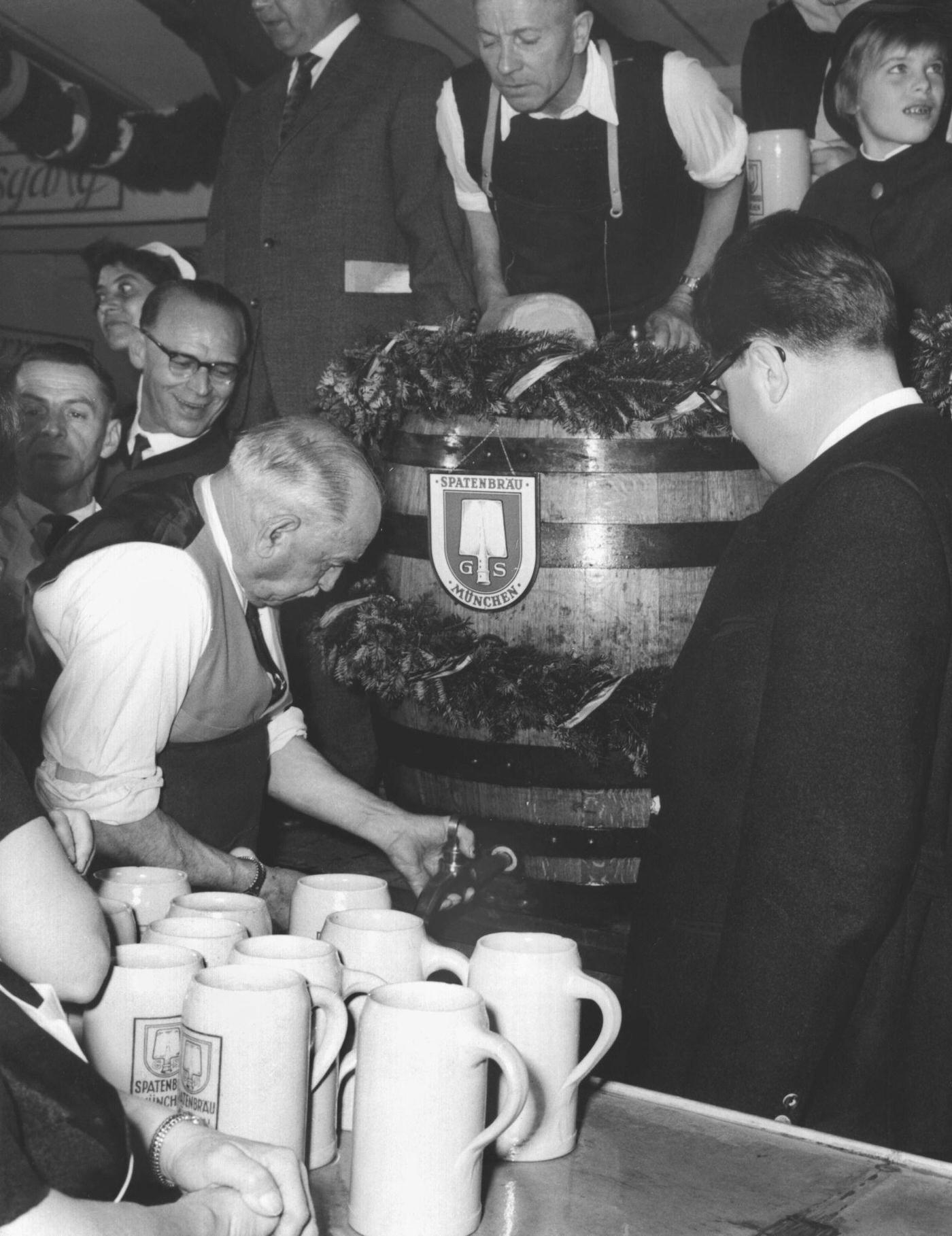 Tapping of the first barrel at Oktoberfest, 1960.