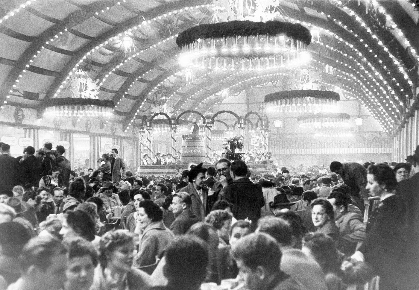 Oktoberfest beer tent in Munich. 1968.