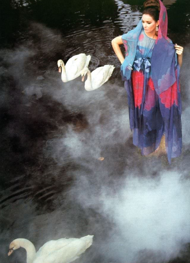 Model in Colorful Chiffon Gown by Pauline Trigere, Fort Lauderdale, 1960