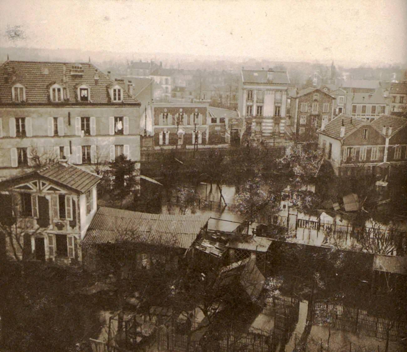 Flooded suburb of Paris seen from a window, France, January 1910.