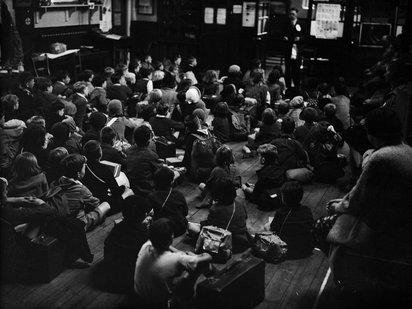 All Ready, Children in London for evacuation test before WW II, 1939