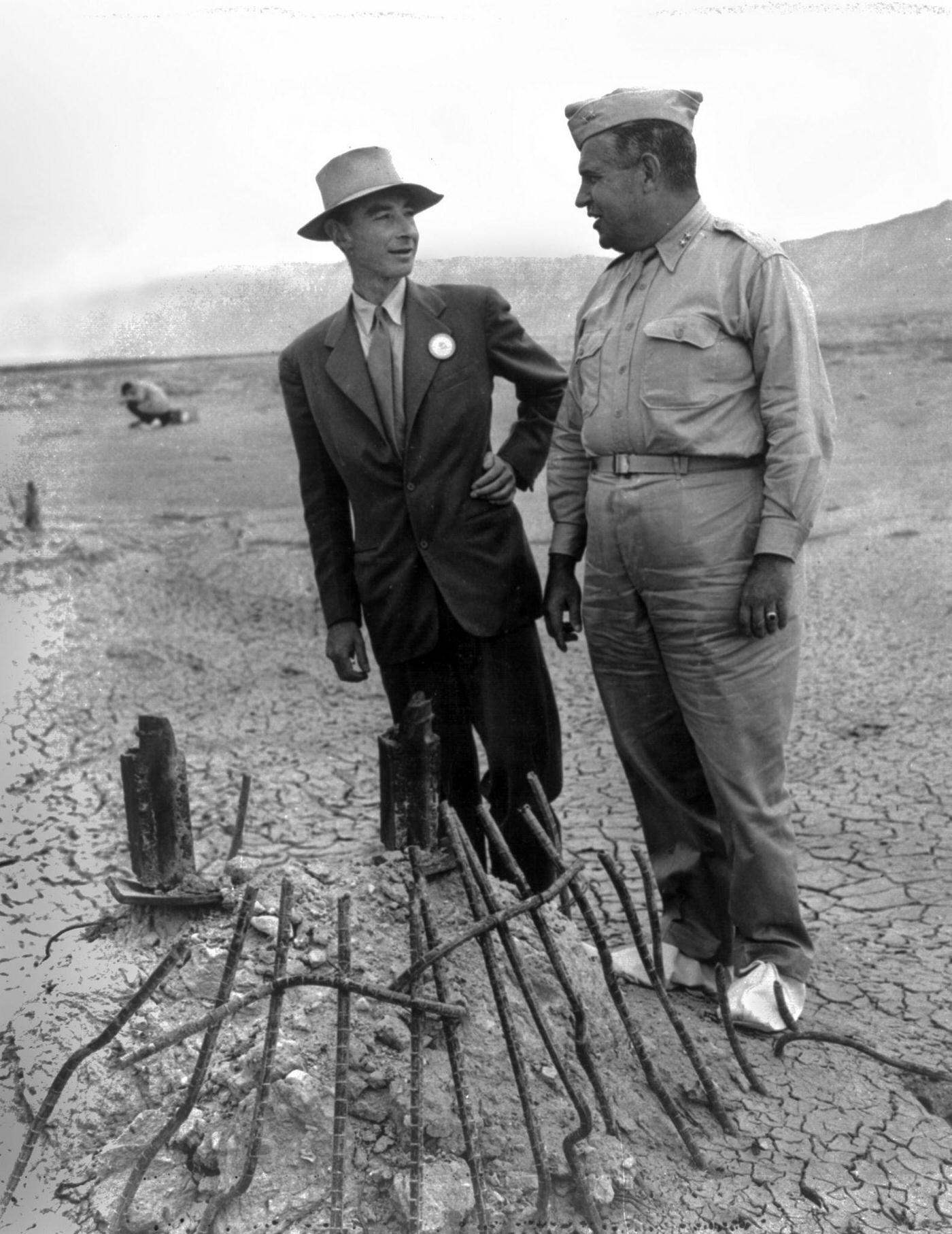 Robert Oppenheimer and General Groves at the atomic bomb, Trinity Test site, 1945