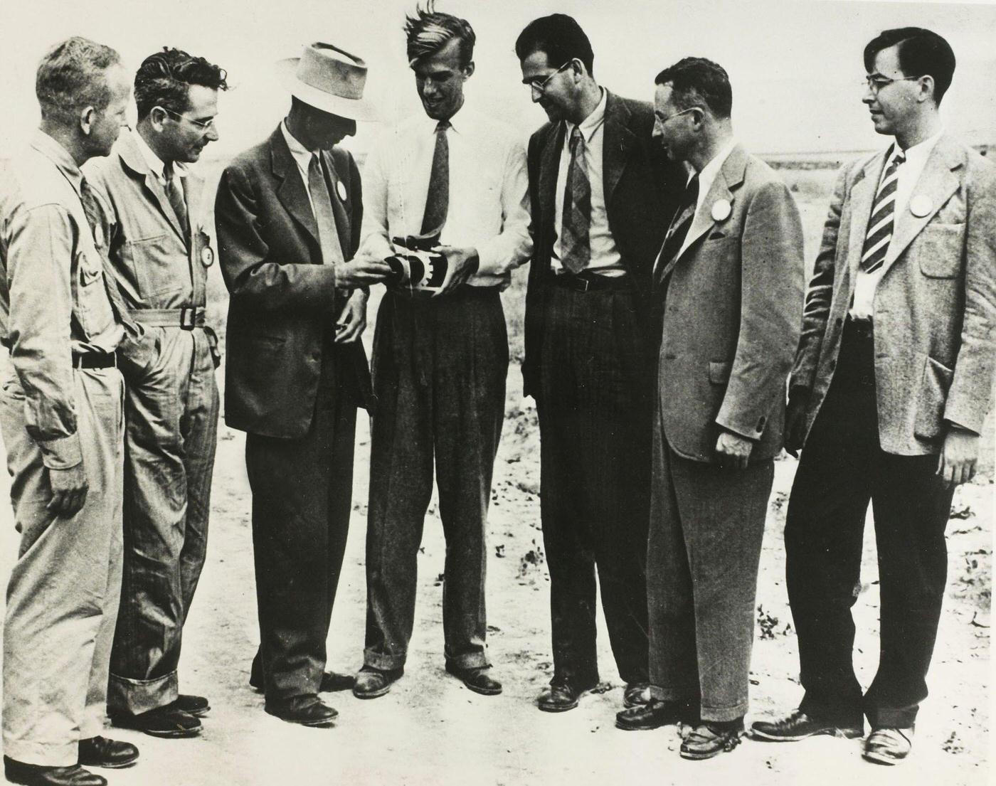 Scientists At Alamogordo, Trinity atom bomb explosion site, 1945