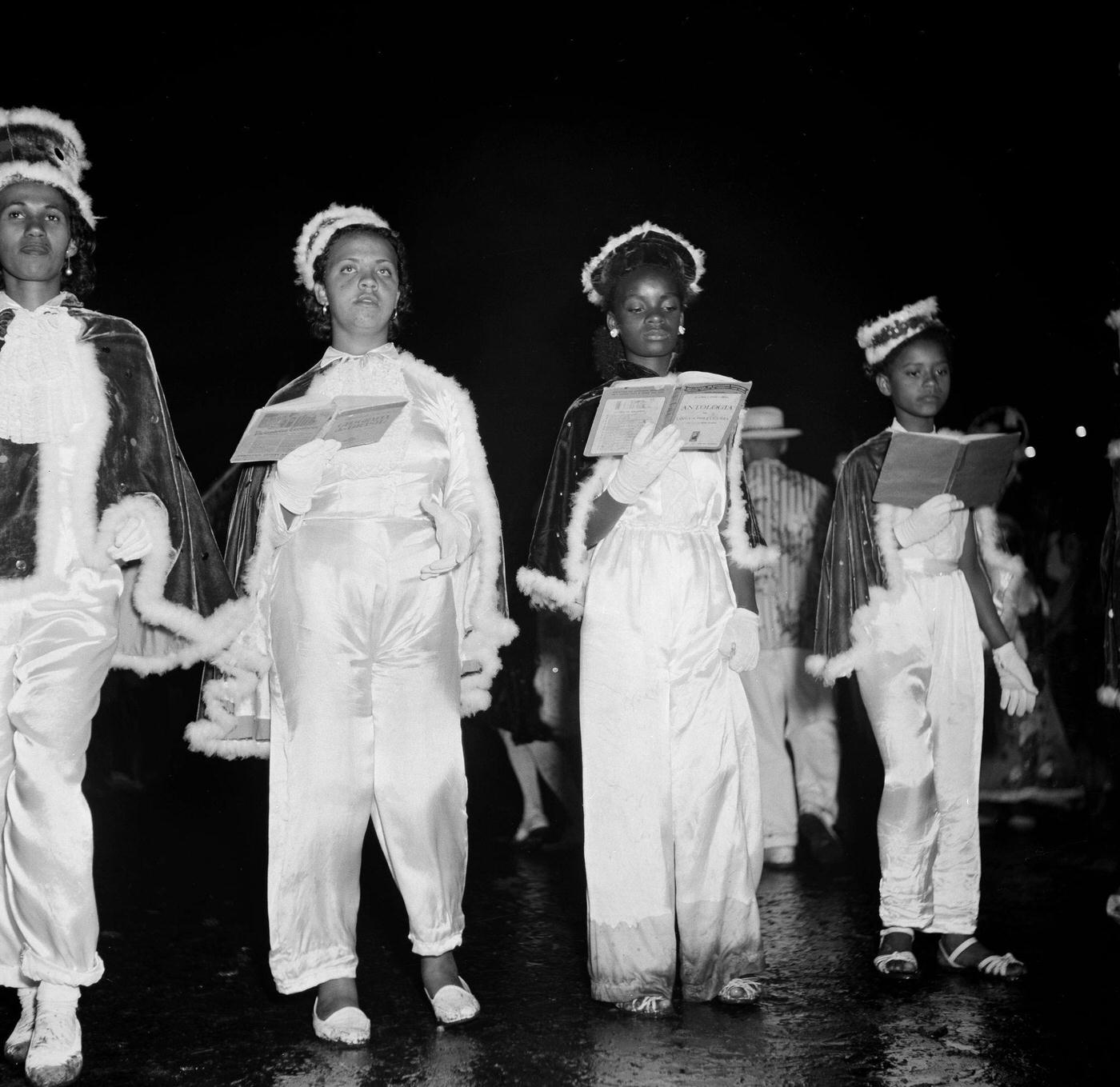 Carnival parade revelers march in Rio de Janeiro's Carnival. 1953