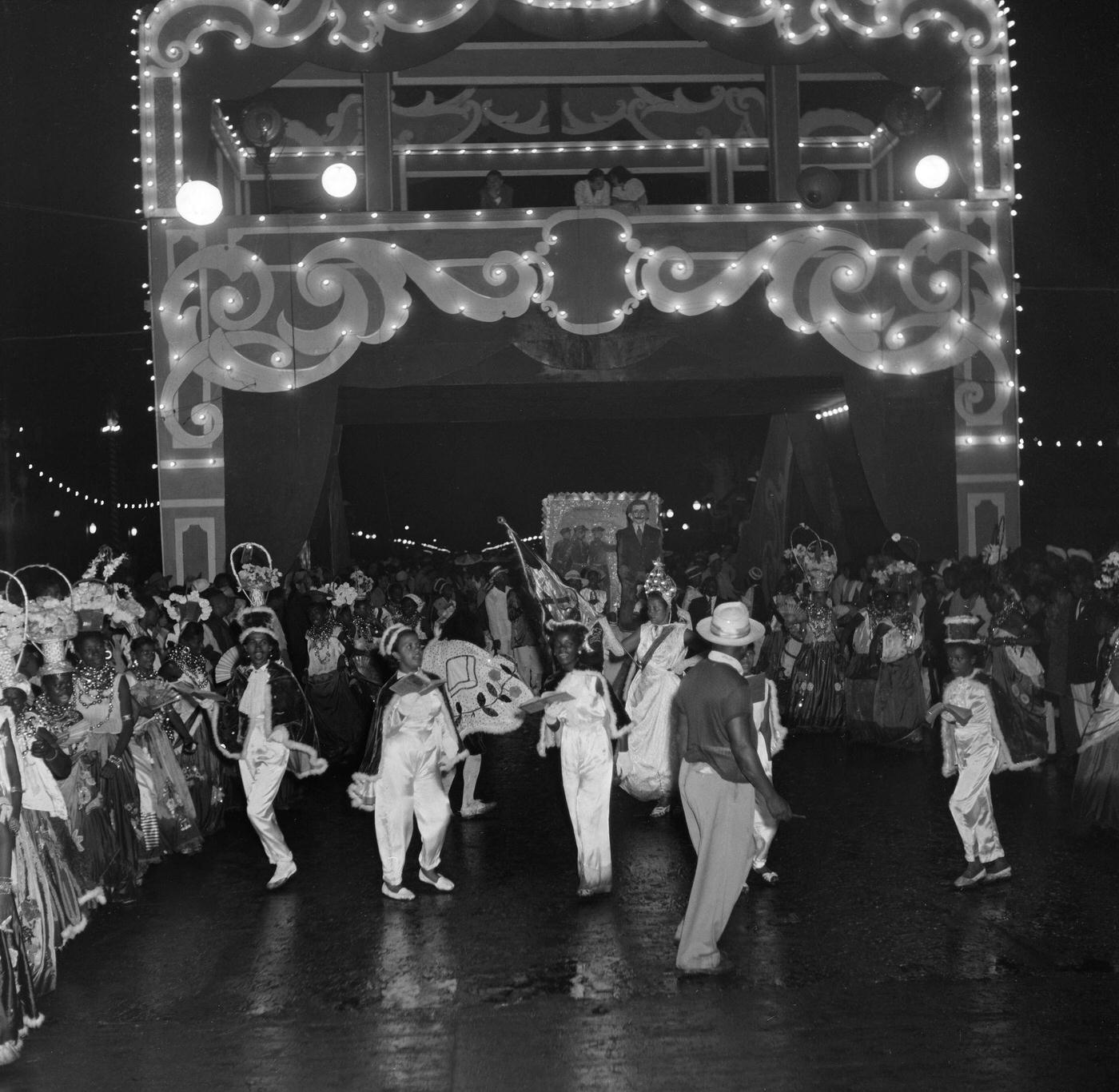 Carnival parade revelers march in Rio de Janeiro's Carnival. 1953