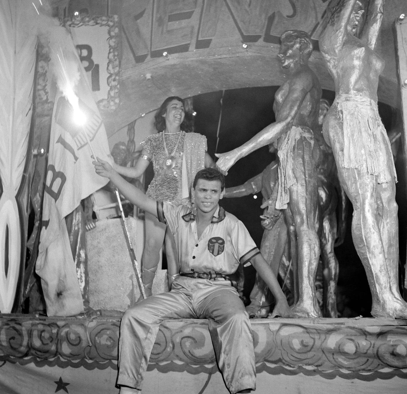 Carnival parade revelers on a float in Rio de Janeiro's Carnival. 1953