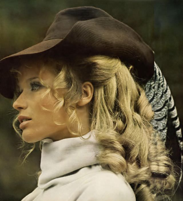 Veruschka wears a gallant stitched wool hat, Vogue, 1967