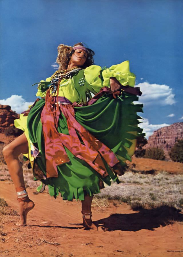 Veruschka dances in Giorgio di Sant' Angelo's colors, Painted Desert, Arizona, Vogue, 1968