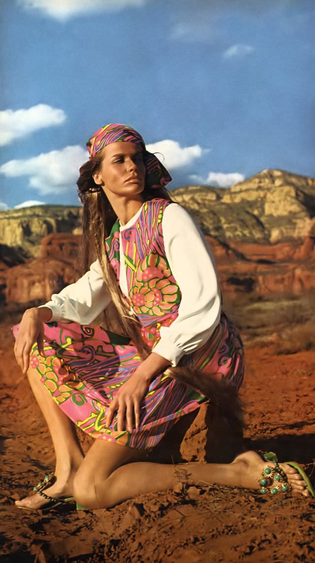 Veruschka in a colorful silk weskit, Vogue, 1968