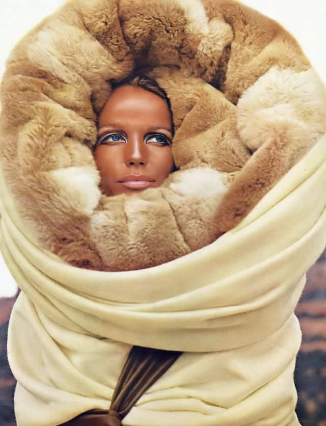 Veruschka in supple jersey with fur by Giorgio di Sant' Angelo, Painted Desert, Arizona, Vogue, 1968